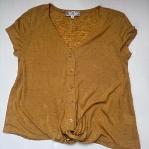 Pink Rose Women's Junior's yellow button bown and knot top Medium